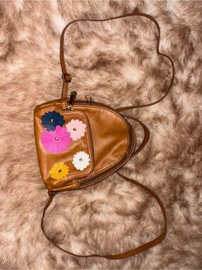 Fossil Brown backpack Bag with Colorful Flower Appliqués